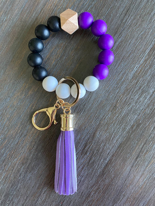 Game Day Wristlet Silicone Beads - Purple/Black/White