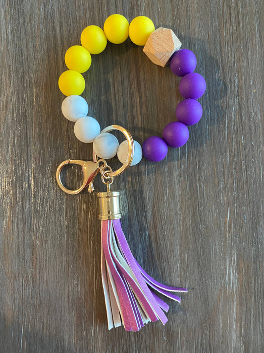 Game Day Wristlet Silicone Beads - Purple/Yellow/White