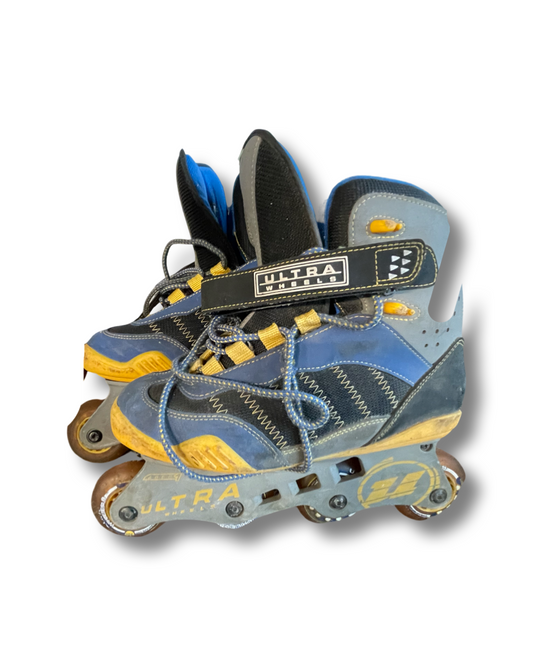 Blue/Yellow Ultra Wheels lace up roller blades, 8